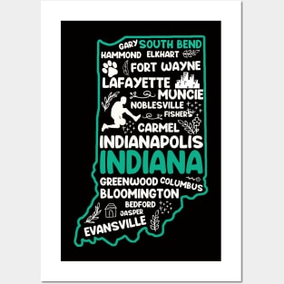 South Bend Indiana cute map Evansville, Carmel, South Bend, Fishers, Bloomington, Hammond, Gary, Lafayette Posters and Art